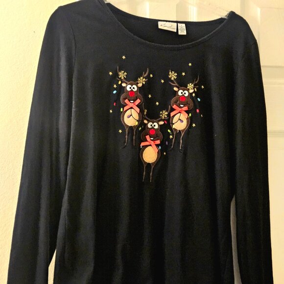 Long sleeve black christmas holiday novelty top three cute reindeer red bows L - Picture 5 of 8